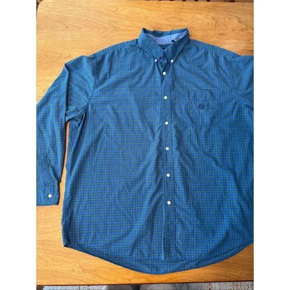 Chaps Men's Plaid Easy Care Cotton Blend Long Sleeve Button Down Shirt Blue 3XL